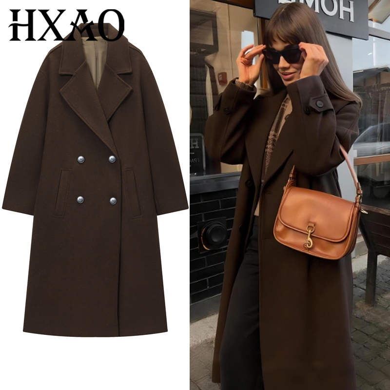 Wool Coat Peacoat - HXAO manteau femme marron Tweed laine