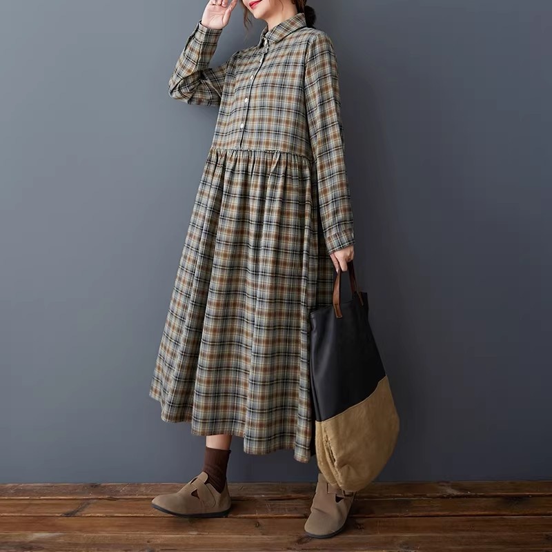 Flannel Shirt Lined - Robe chemise coréenne ample rétro à