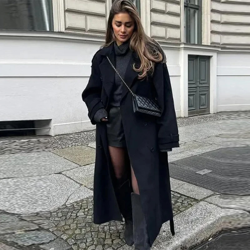 Élégant gris ceinture longue F - Wool Coat Peacoat avis et prix